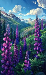 Bright drawn summer field landscape with lupin and peony flowers