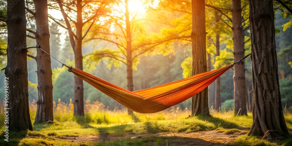 Poster orange hammock hanging tied to two trees at the nature generative ai