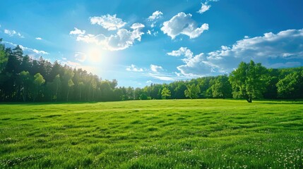 Fototapeta premium Forest area on green field in rural landscape under blue sky