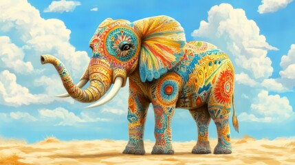 Fototapeta premium Whimsical Elephant with Colorful Patterns: Playful Fantasy Art for Children's Books, Party Invitations, and Imaginative Animal World. Creative Illustration Blending Dreamlike Elements and Vibrant Desi