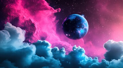 Obraz premium A dramatic composition of a nebula swirling around a distant star cluster, filled with vibrant colors and cosmic dust.