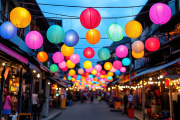 Vibrant lanterns illuminate a charming street market, creating a festive and colorful atmosphere for evening strolls.