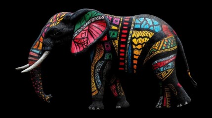 Obraz premium Whimsical Elephant with Colorful Patterns: Playful Fantasy Art for Children's Books, Party Invitations, and Imaginative Animal World. Creative Illustration Blending Dreamlike Elements and Vibrant Desi