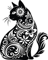 A stylized black silhouette of a cat, featuring intricate swirls, floral patterns and decorative elements