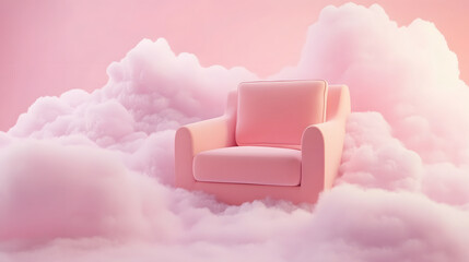 Pink armchair floating on clouds against a pink background.