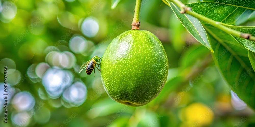 Poster green jocote in the tree and an insect ai generative