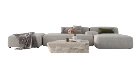 Modern grey sofa set and stone table isolated PNG.Generative AI