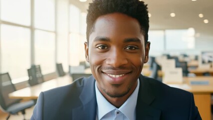 4k video of an African American businessman looking at the camera and smiling. Empty workspace in the background. professional, happy, colleague, businessman, confidence, friendly