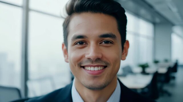 4k video of a businessman looking at the camera and smiling. Empty workspace in the background. professional, happy, colleague, businessman, confidence, friendly
