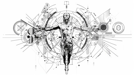 Obraz premium tattoo art line, illustrated in illustrator, perfect generation without design errors, pure white and clean background, A geometric and realistic style tattoo, featuring a combination.