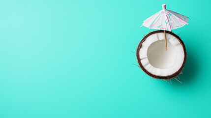 Fresh coconut half with cocktail umbrella on turquoise background