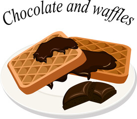 Chocolate and waffles on a plate.Vector illustration with chocolate and waffles on a plate on a transparent background with text.