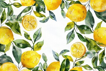 Lemon-themed watercolor art collection with decorative borders, curvy stripes, wreath designs, and patterns perfect for cards, backgrounds, invitations, or posters