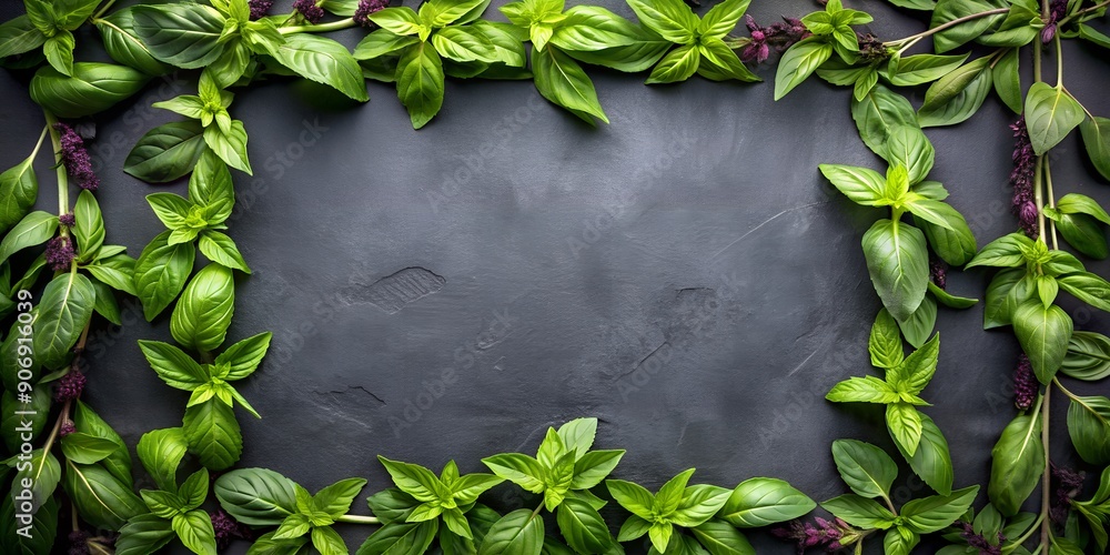 Poster holy basil frame on dark isolated background creative ai