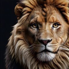 Portrait of a lion on a black background. Close-up.