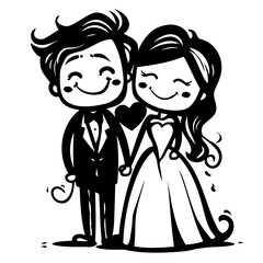 Happy Cartoon Bride and Groom with Heart
