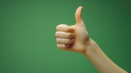 Close-up of a hand giving a thumbs up gesture against a green background