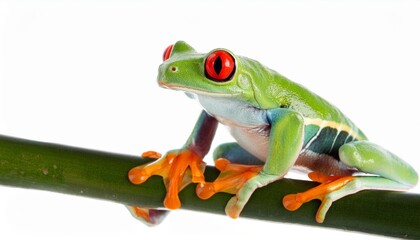 Obraz premium Red eyed monkey tree frog, Agalychnis callydrias. A tropical rain forest animal with vibrant eye isolated on a white background.
