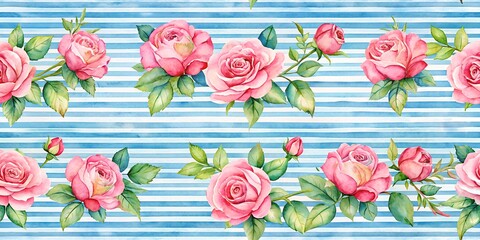 Pattern of watercolor rose flowers Blue striped background AI Generative