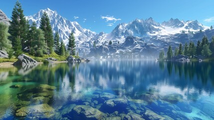 Obraz premium A stunning scene of a crystal clear mountain lake, with reflections of the surrounding snow-capped peaks and evergreen trees perfectly mirrored on the water's surface.