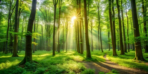 Naklejka premium Forest Trees Nature Green Wood Sunlight Backgrounds AI Generative