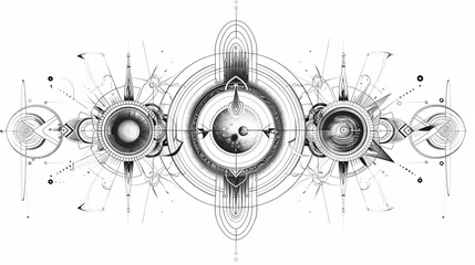 tattoo art line, illustrated in illustrator, pure white and clean background, A geometric and realistic style tattoo, featuring a combination of mythological and symbolic elements with geometric.