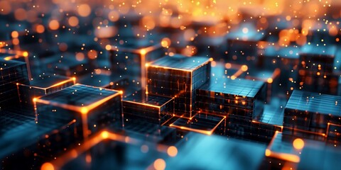 Futuristic LED lights, glowing cube pattern background
