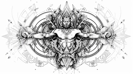 tattoo art line, illustrated in illustrator, pure white and clean background, A geometric and realistic style tattoo, featuring a combination of mythological and symbolic elements with geometric.