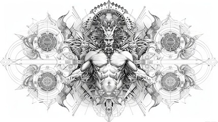 tattoo art line, illustrated in illustrator, pure white and clean background, A geometric and realistic style tattoo, featuring a combination of mythological and symbolic elements with geometric.