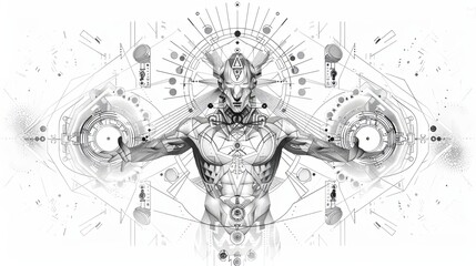 tattoo art line, illustrated in illustrator, pure white and clean background, A geometric and realistic style tattoo, featuring a combination of mythological and symbolic elements with geometric.