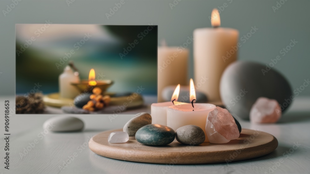 Canvas Prints A picture of a candle and rocks on top of some wood, AI