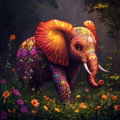Obraz premium Whimsical Elephant with Colorful Patterns: Playful Fantasy Art for Children's Books, Party Invitations, and Imaginative Animal World. Creative Illustration Blending Dreamlike Elements and Vibrant Desi