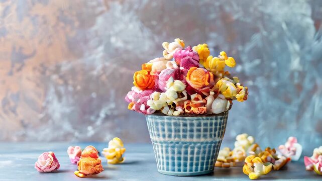 A decorative bowl filled with an assortment of colorful gourmet popcorn.