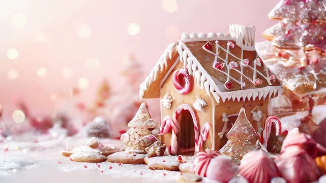 A festive gingerbread house decorated with candy and icing, set against a soft pink background.
