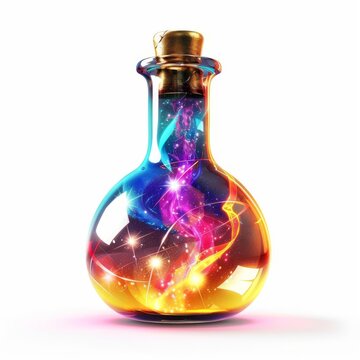 A powerful elixir bottle, sorcery element, 3D illustration, radiant colors, isolated on white background