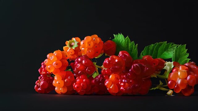 A creative display of vibrant cloudberries on a dark surface.