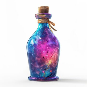 A powerful elixir bottle, sorcery element, 3D illustration, radiant colors, isolated on white background