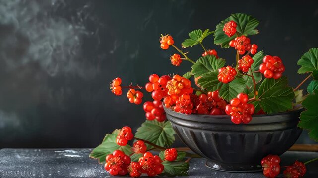  Creative display of cloudberries arranged artistically in a black bowl on a dark 