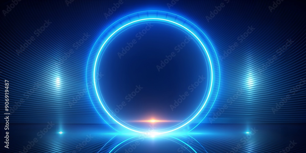 Poster abstract futuristic background of glowing blue neon circle round frame generative ai