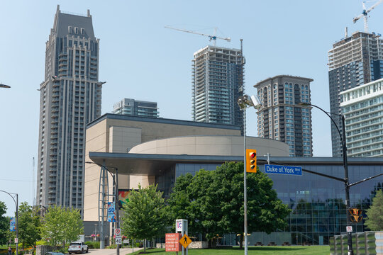 general view of Living Arts Centre, a performing arts theatre, located at 4141 Living Arts Drive and surrounding buildings in Mississauga, Ontario