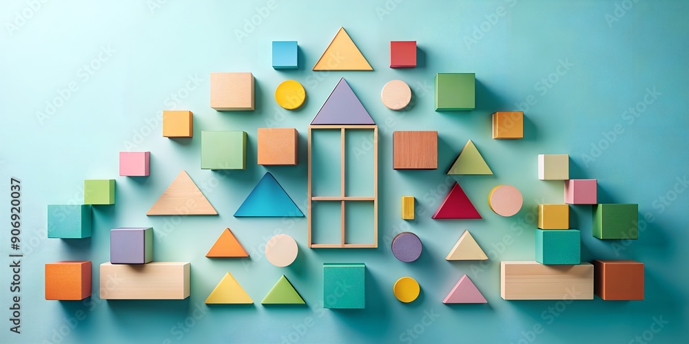Poster a series of flat geometric shapes aligning to depict organizational structure creative ai