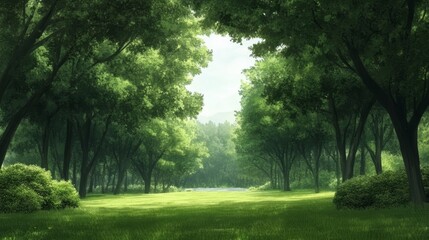 Lofi illustration of a serene forest scene with tall trees a flowing river and animals peeking out from behind bushes with sunlight streaming through the canopy