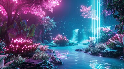 Obraz premium Landscape a futuristic garden and waterfall with neon glowing