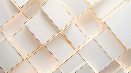 Minimalist abstract composition of white geometric shapes, with fine gold edges and subtle gold gradients, arranged in a clean and orderly fashion, conveying a serene yet luxurious aesthetic.