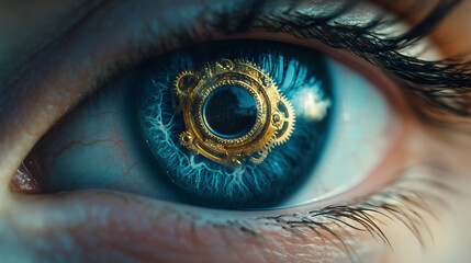 Close-up Of A Blue Iris With Gold Gears Inside, Symbolizing The Hidden Inner World Reflection In The Pupil Of Another Person.
