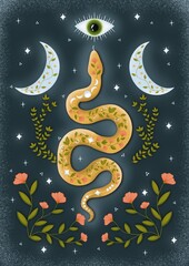 Mystical Serpent with Crescent Moons and Floral Ornaments Against a Starry Sky © Svitlana