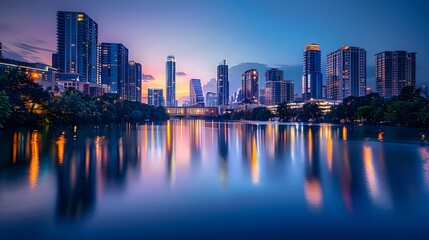 Captivating Skyline of Glowing City Reflected in Serene River at Twilight