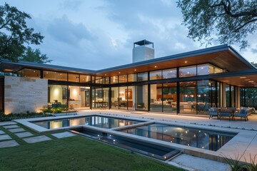 Fototapeta premium A contemporary house with a flat roof, clean lines, and a landscaped garden