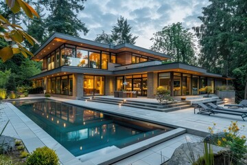 A contemporary house with a flat roof, clean lines, and a landscaped garden