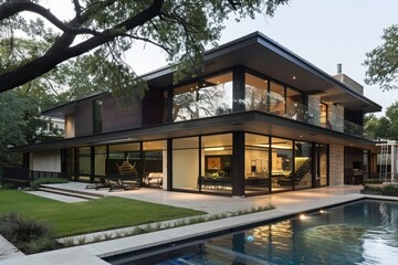 A contemporary house with a flat roof, clean lines, and a landscaped garden